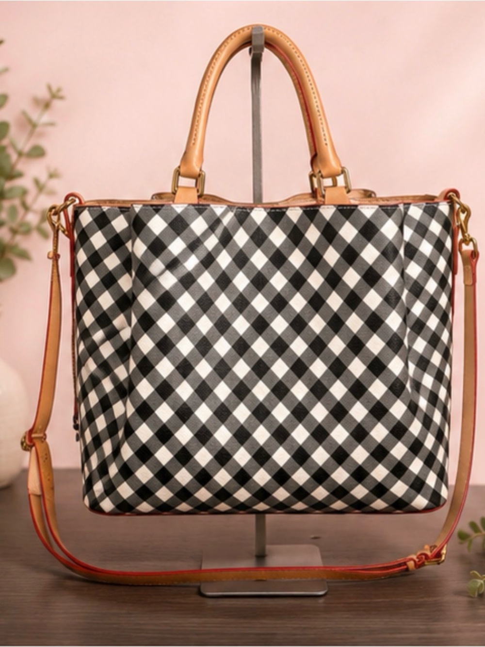 Dooney & Bourke Black and White Gingham Satchel with Tan Leather Trim - Picture 2 of 5